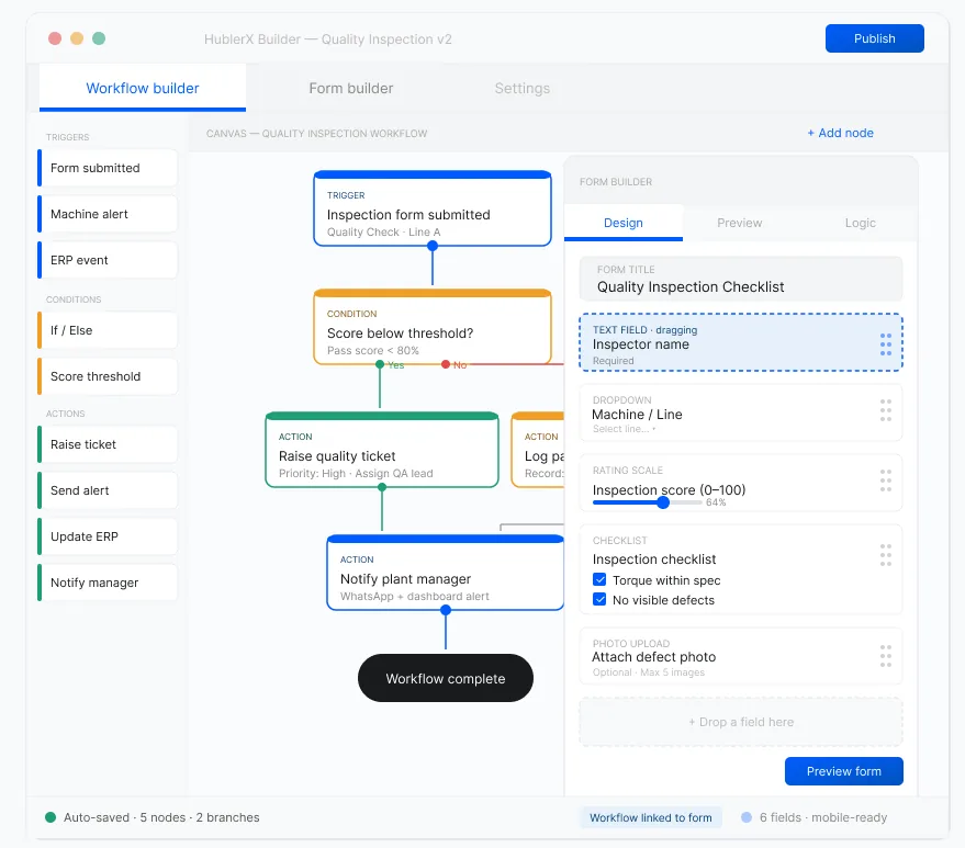 HublerX Workflow Builder — Quality Inspection workflow with form builder