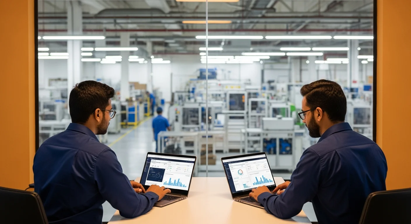 Indian manufacturing operations team evaluating software solutions in a modern factory office