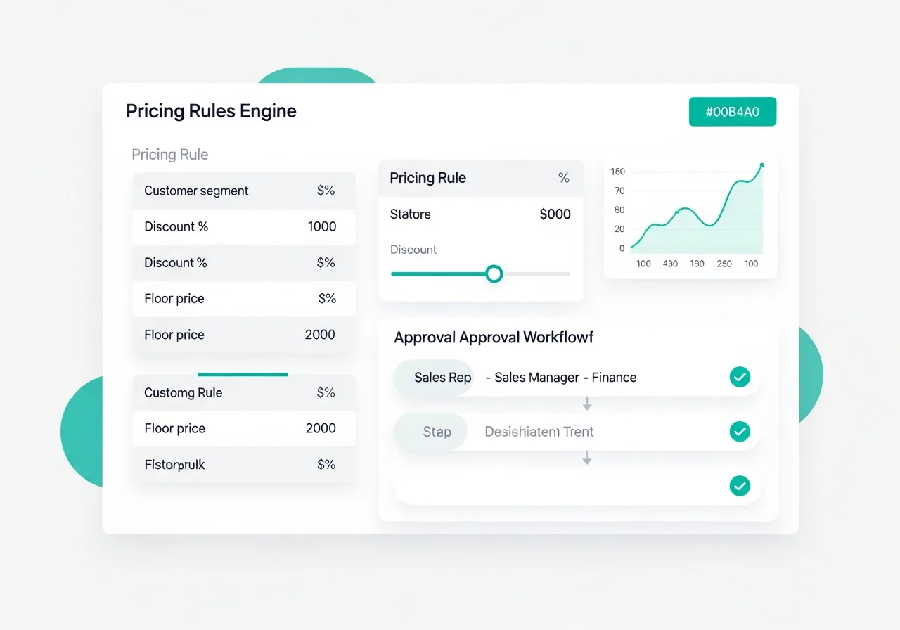 Pricing rules engine dashboard showing discount sliders, approval workflow, and margin graph