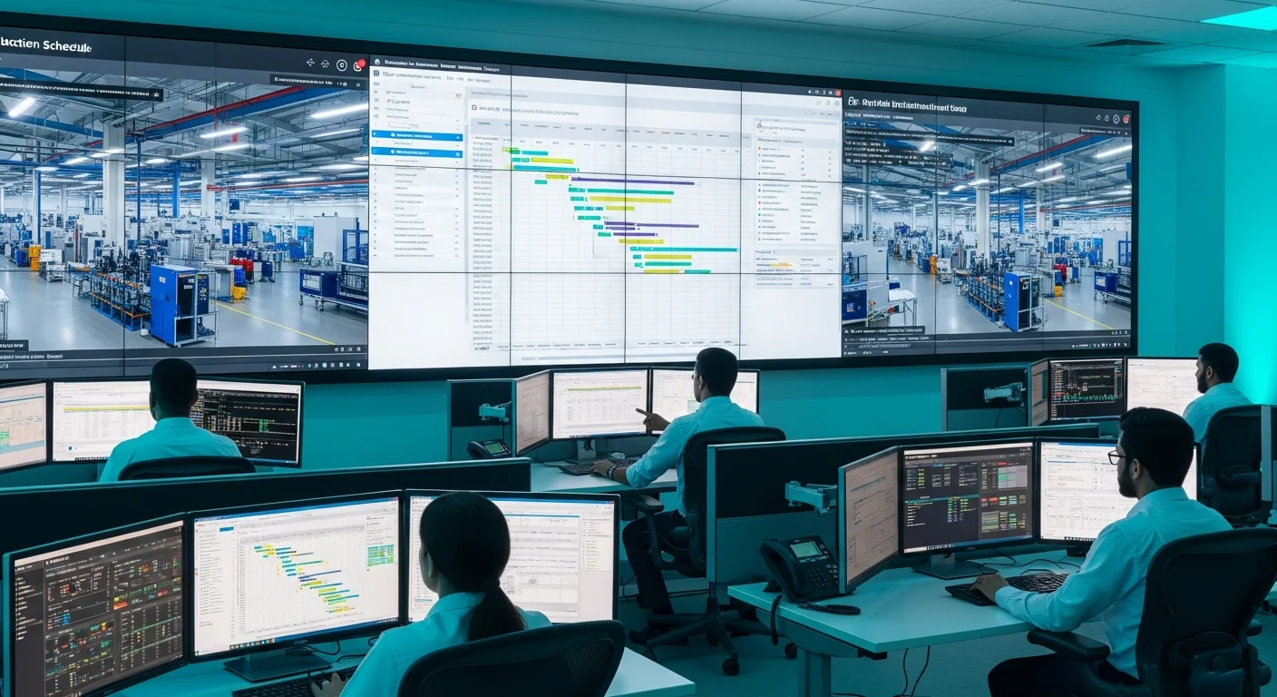 Production planning and demand management dashboard showing schedules, forecasts, and material plans for mid-market manufacturers