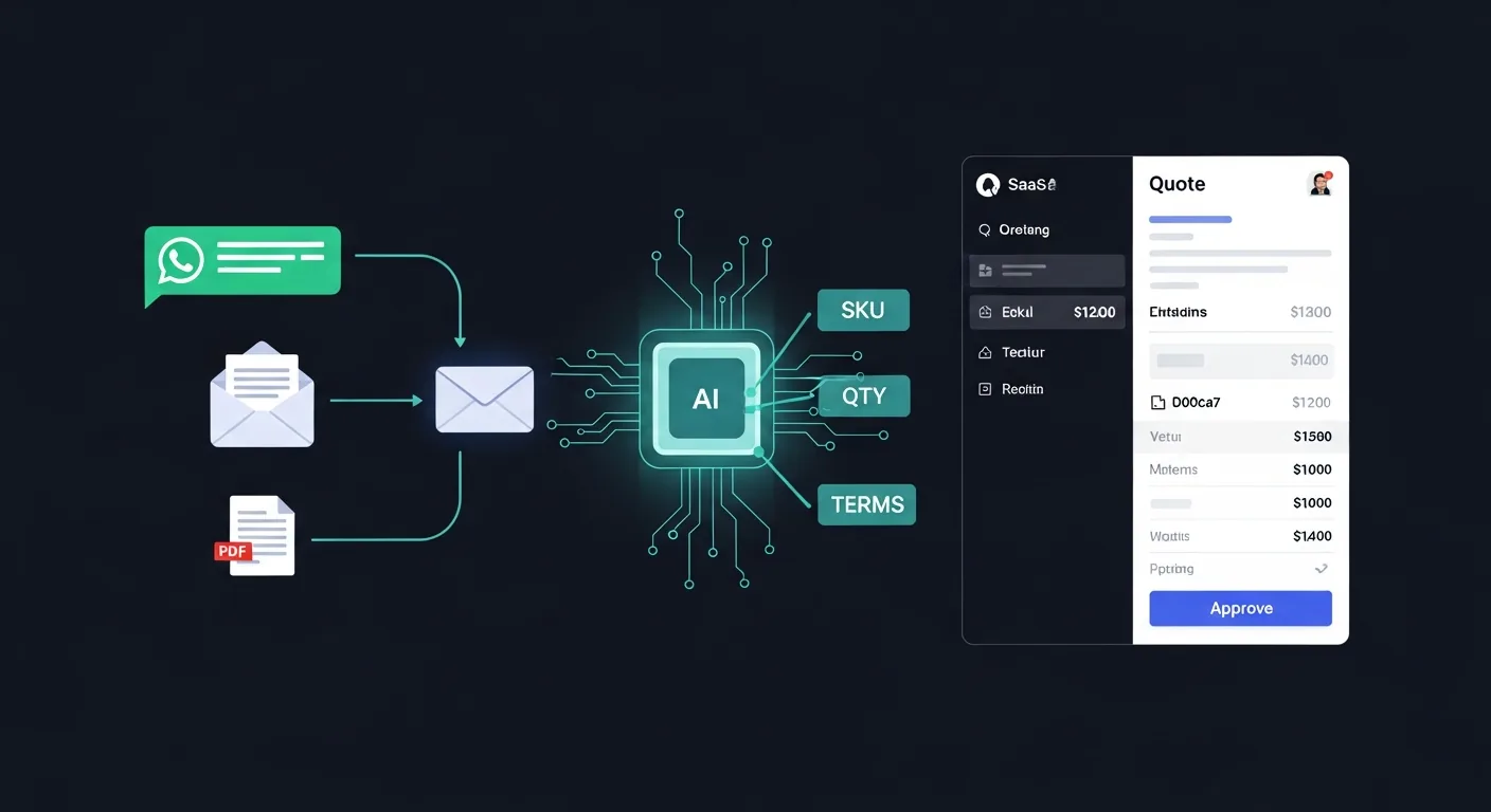 RFQ automation diagram — WhatsApp, email, and PDF inputs flowing through AI extraction into structured quote dashboard