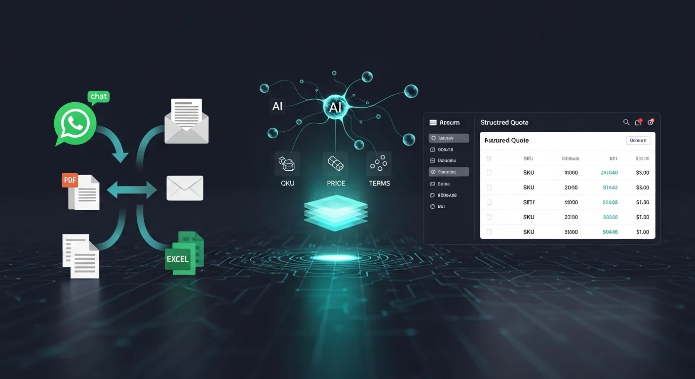 RFQ automation: WhatsApp, email, and PDF inputs flowing through AI extraction into structured quote dashboard